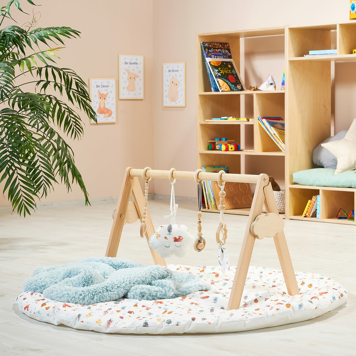 Eco-Friendly Montessori 100% Natural Pine Wooden Baby Gym | Foldable |  Natural & Grey | 3m+