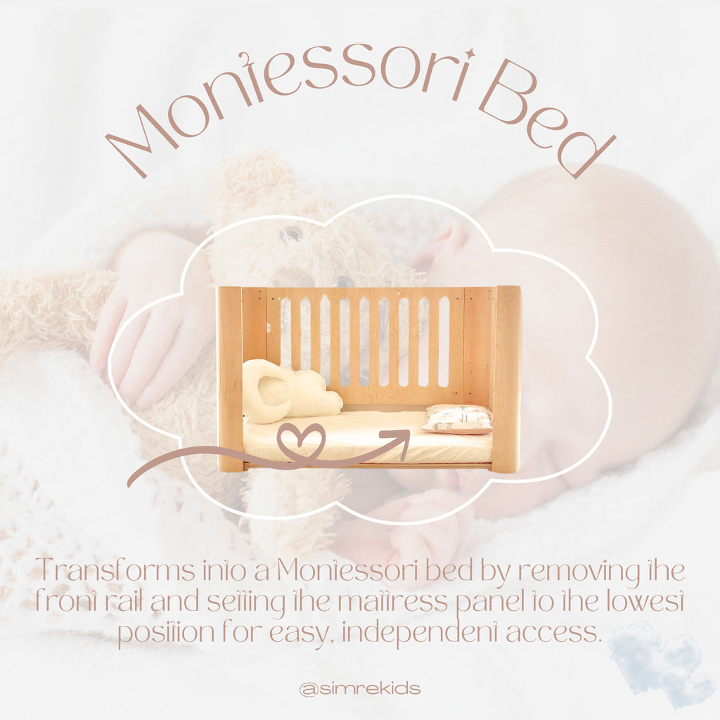 Transform the 5-in-1 Wonder crib into a Montessori bed by lowering the mattress to the floor and removing the front railing. This configuration encourages independence, allowing your child to easily get in and out of bed on their own while providing a safe, open space for them to explore and rest.