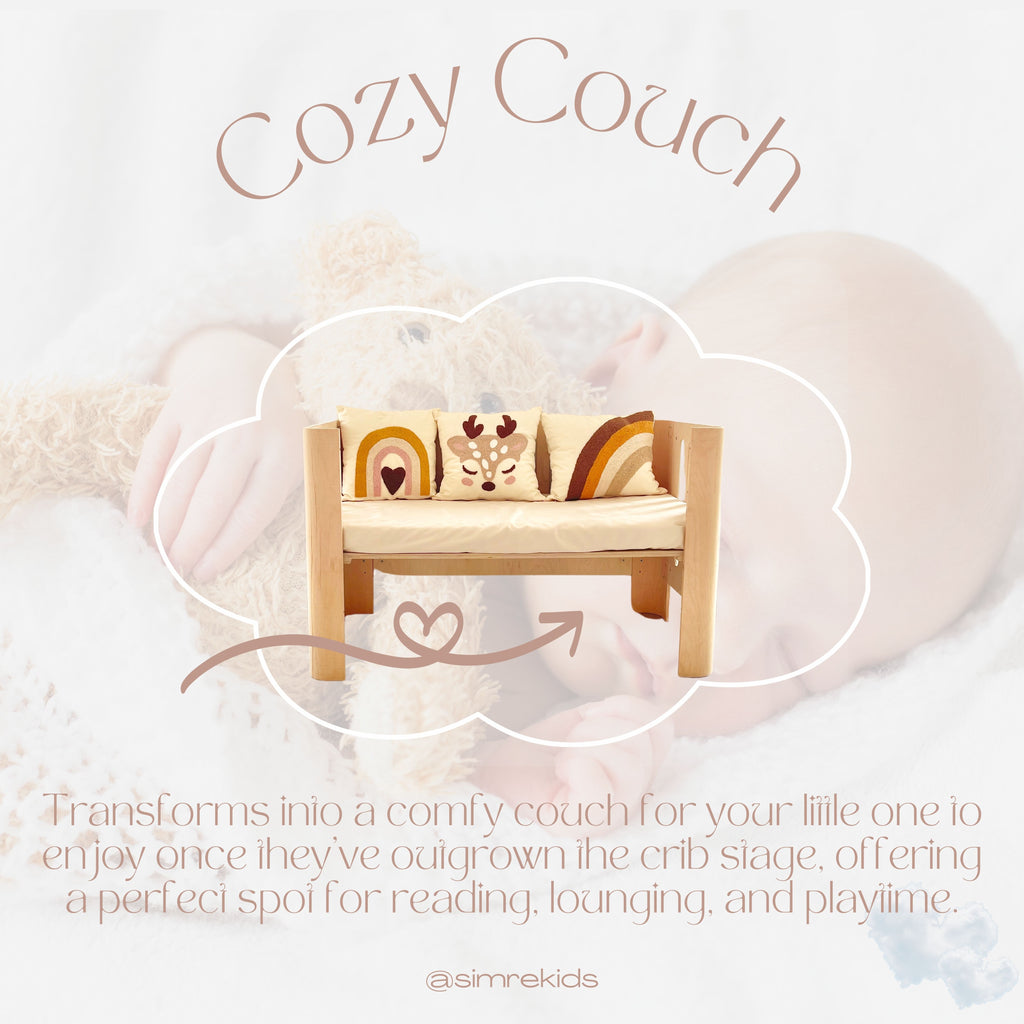 Convert the 5-in-1  Wonder crib into a comfortable couch for your child’s playroom or reading nook. The soft, supportive design offers a relaxing space for your little one to enjoy a cozy time with their favorite books or toys.