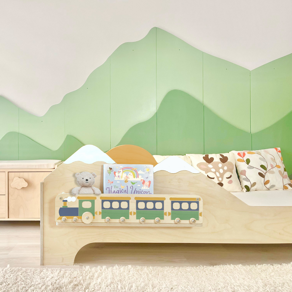 Whimsical toddler bed with train-inspired design and shelf, supporting creativity and independence. Features supportive mattress slats for spine alignment. Perfect nursery decor and functional sleeping space for toddlers.