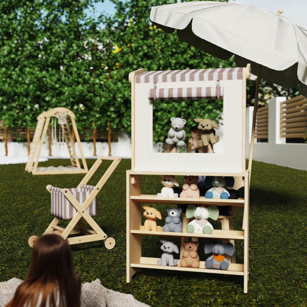 Little Market & Play Stand with Cart | Montessori Wooden Play Shop for ...